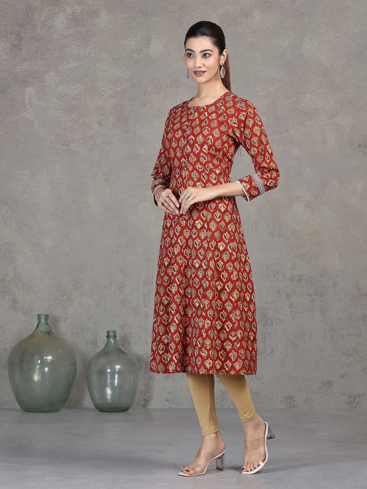 Rust Floral Printed A-Line Cotton Kurta