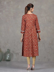 Rust Floral Printed A-Line Cotton Kurta