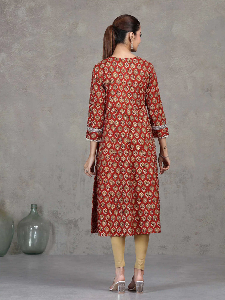 Rust Floral Printed A-Line Cotton Kurta