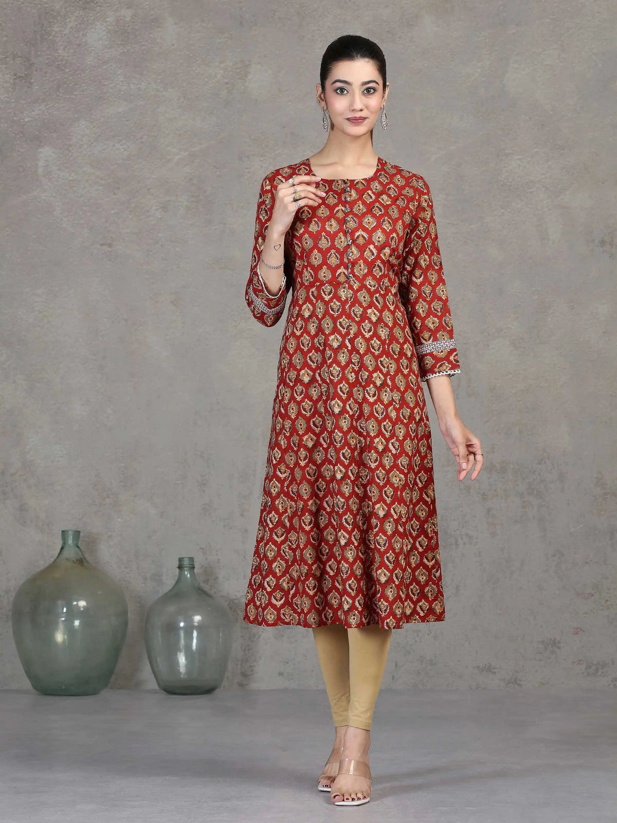 Rust Floral Printed A-Line Cotton Kurta