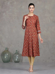 Rust Floral Printed A-Line Cotton Kurta