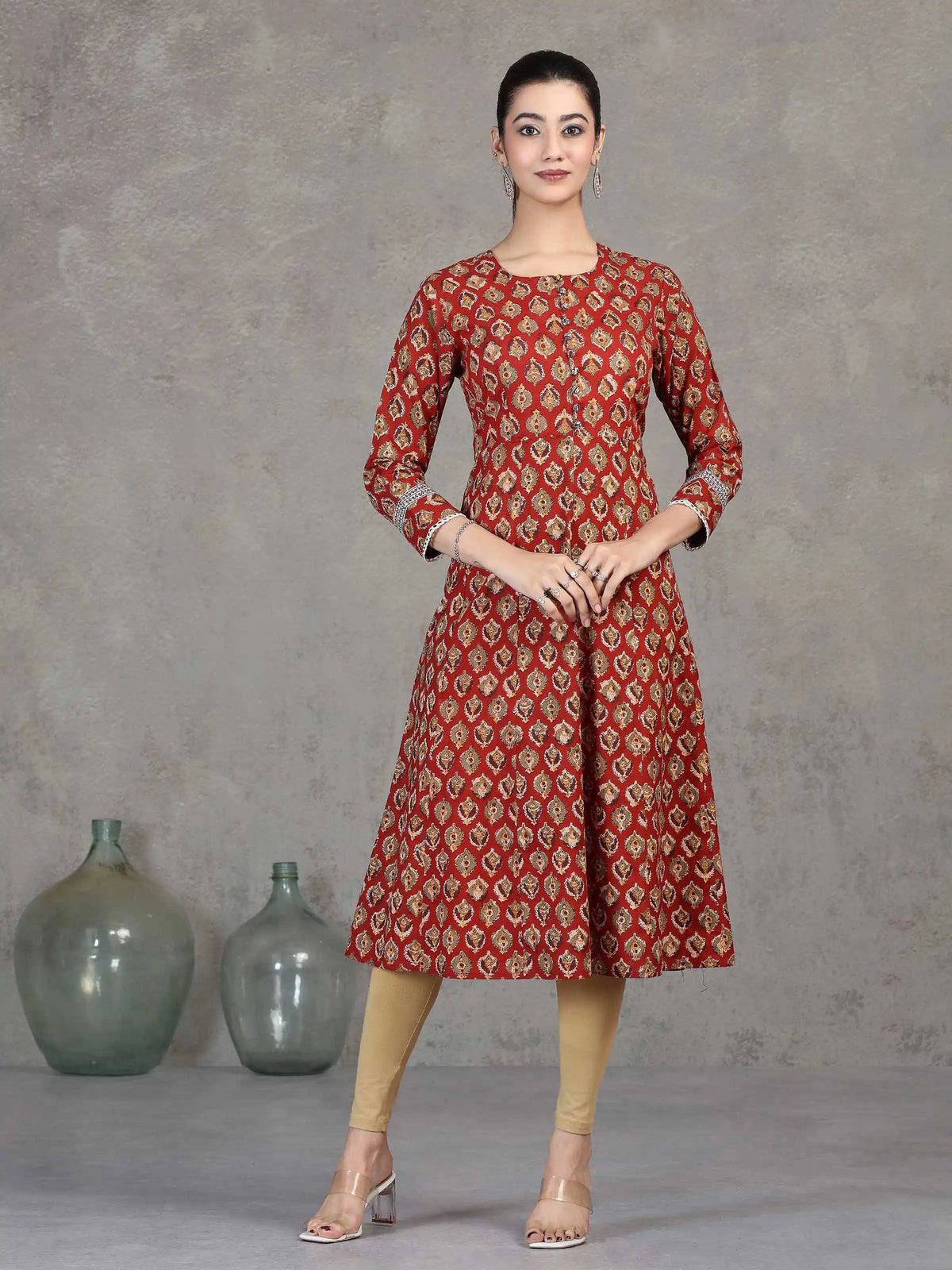 Rust Floral Printed A-Line Cotton Kurta