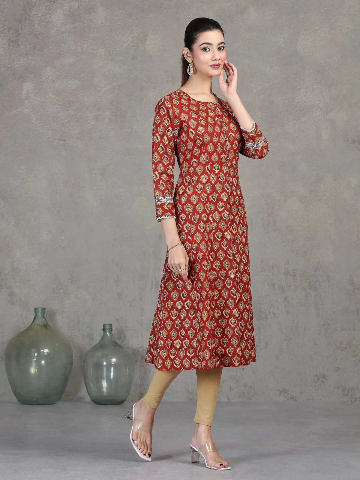 Rust Floral Printed A-Line Cotton Kurta