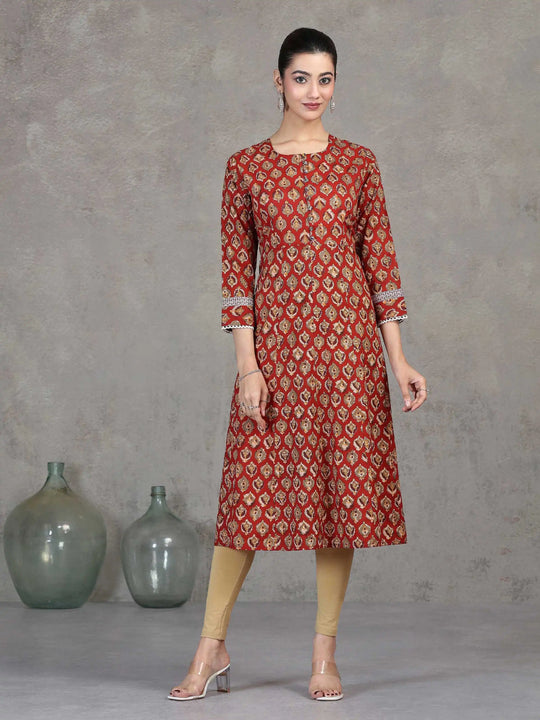 Rust Floral Printed A-Line Cotton Kurta