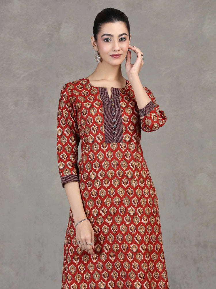 Rust Floral Printed Straight Cotton Kurta