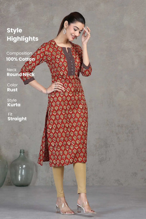Rust Floral Printed Straight Cotton Kurta