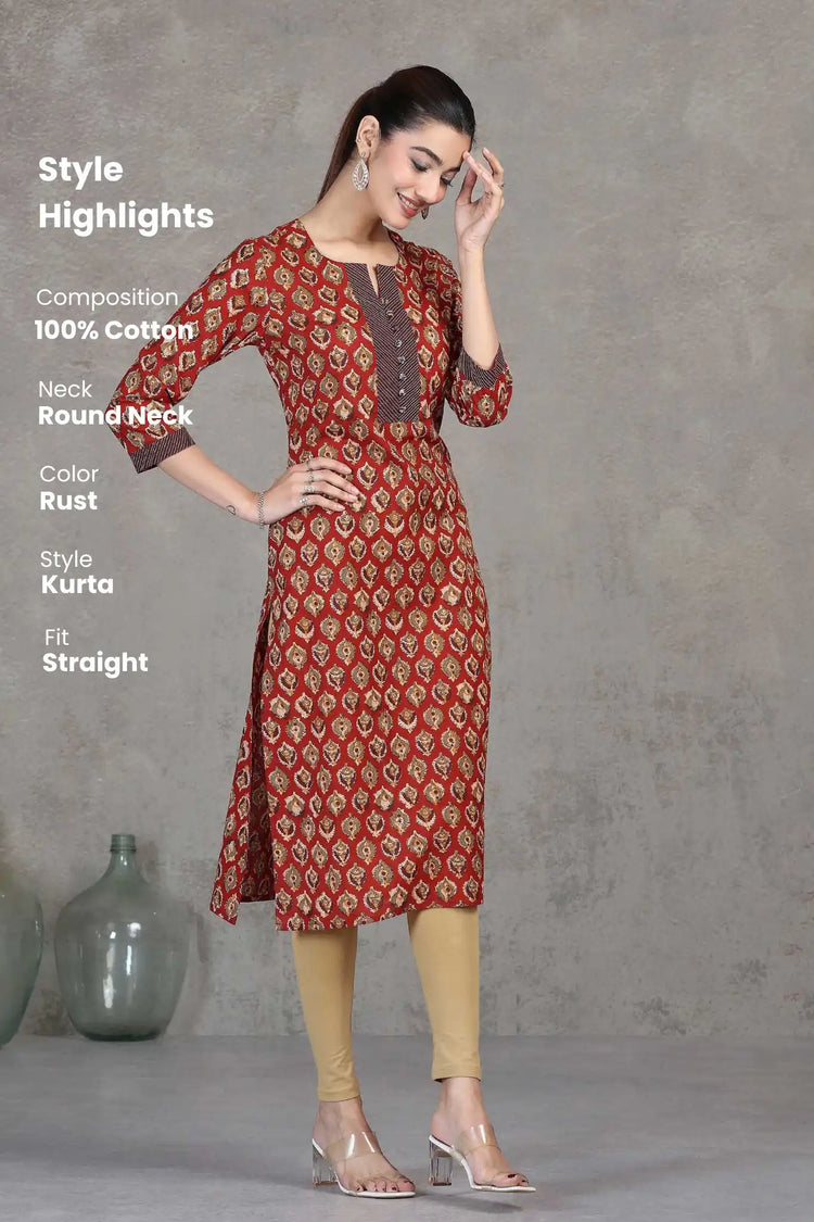 Rust Floral Printed Straight Cotton Kurta