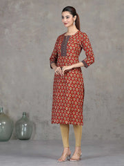 Rust Floral Printed Straight Cotton Kurta