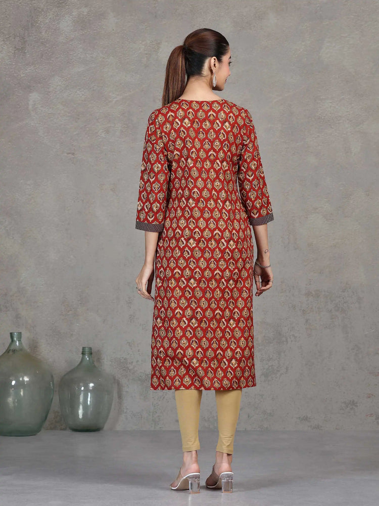 Rust Floral Printed Straight Cotton Kurta