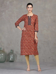 Rust Floral Printed Straight Cotton Kurta