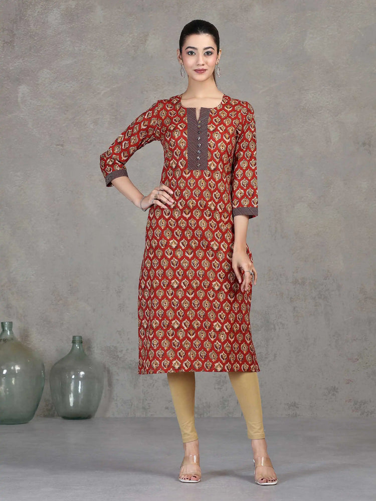 Rust Floral Printed Straight Cotton Kurta