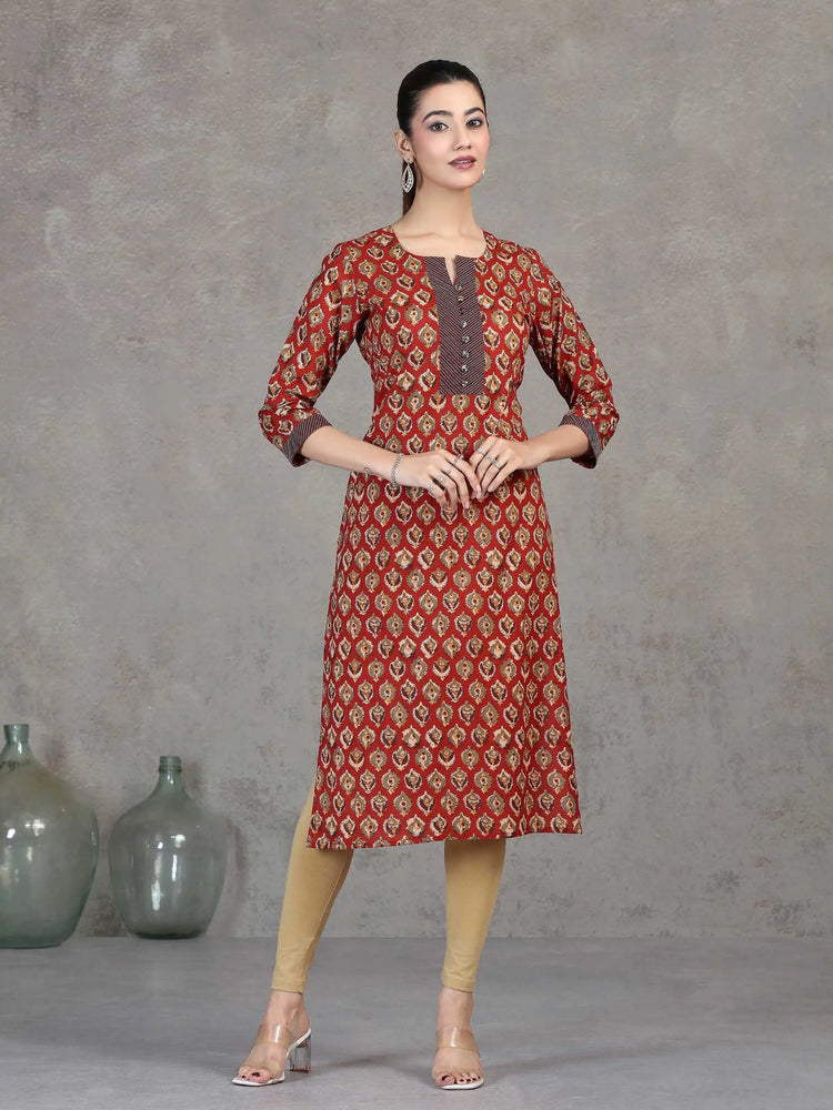Rust Floral Printed Straight Cotton Kurta
