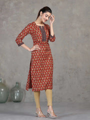 Rust Floral Printed Straight Cotton Kurta