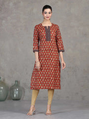 Rust Floral Printed Straight Cotton Kurta