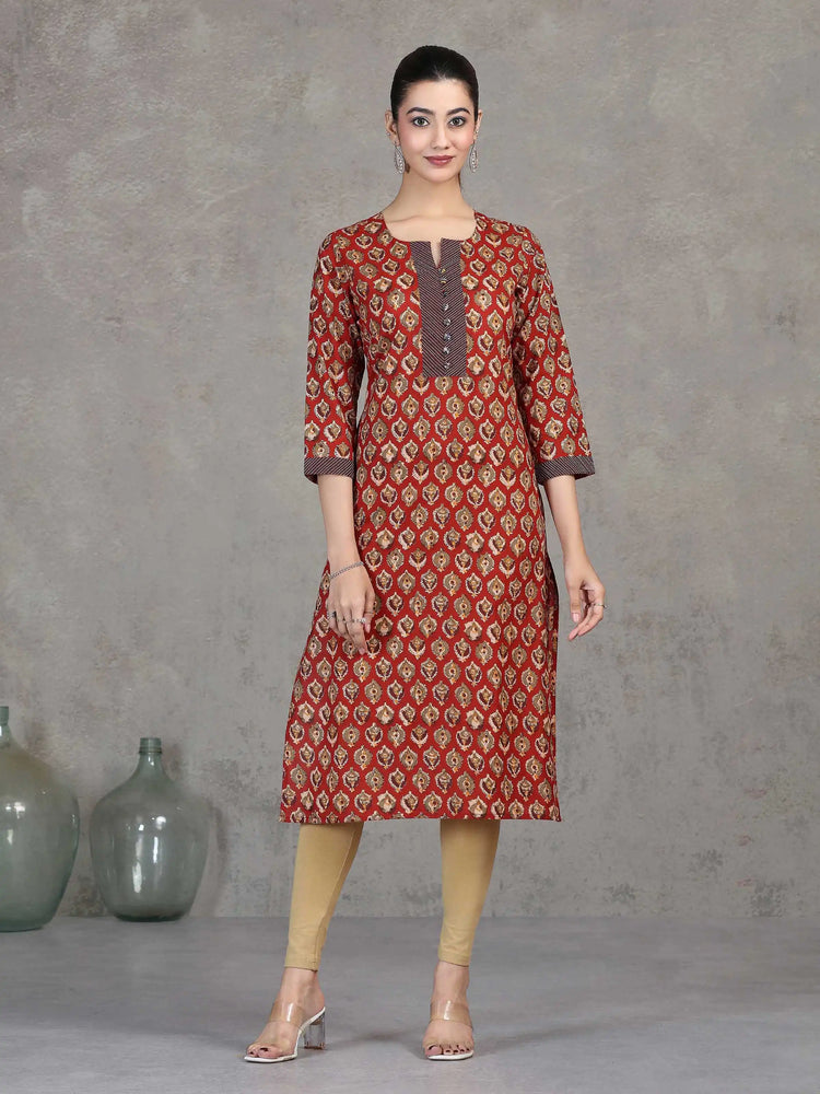 Rust Floral Printed Straight Cotton Kurta