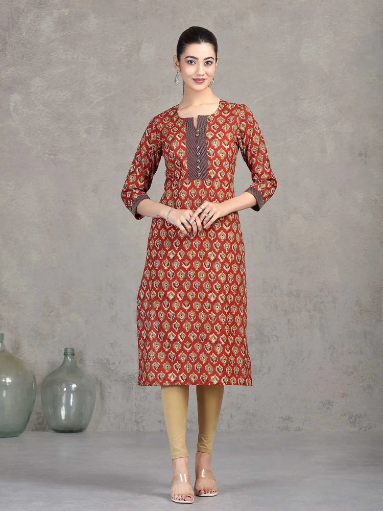 Rust Floral Printed Straight Cotton Kurta