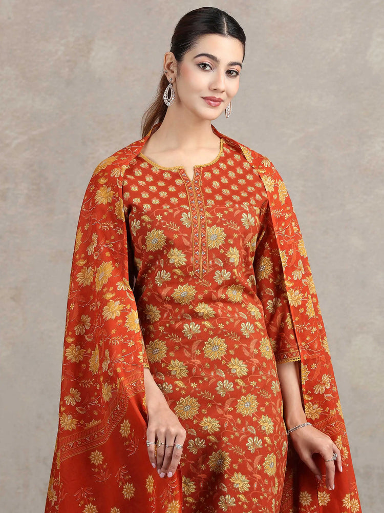 Rust Floral Printed Straight Ethnic Set