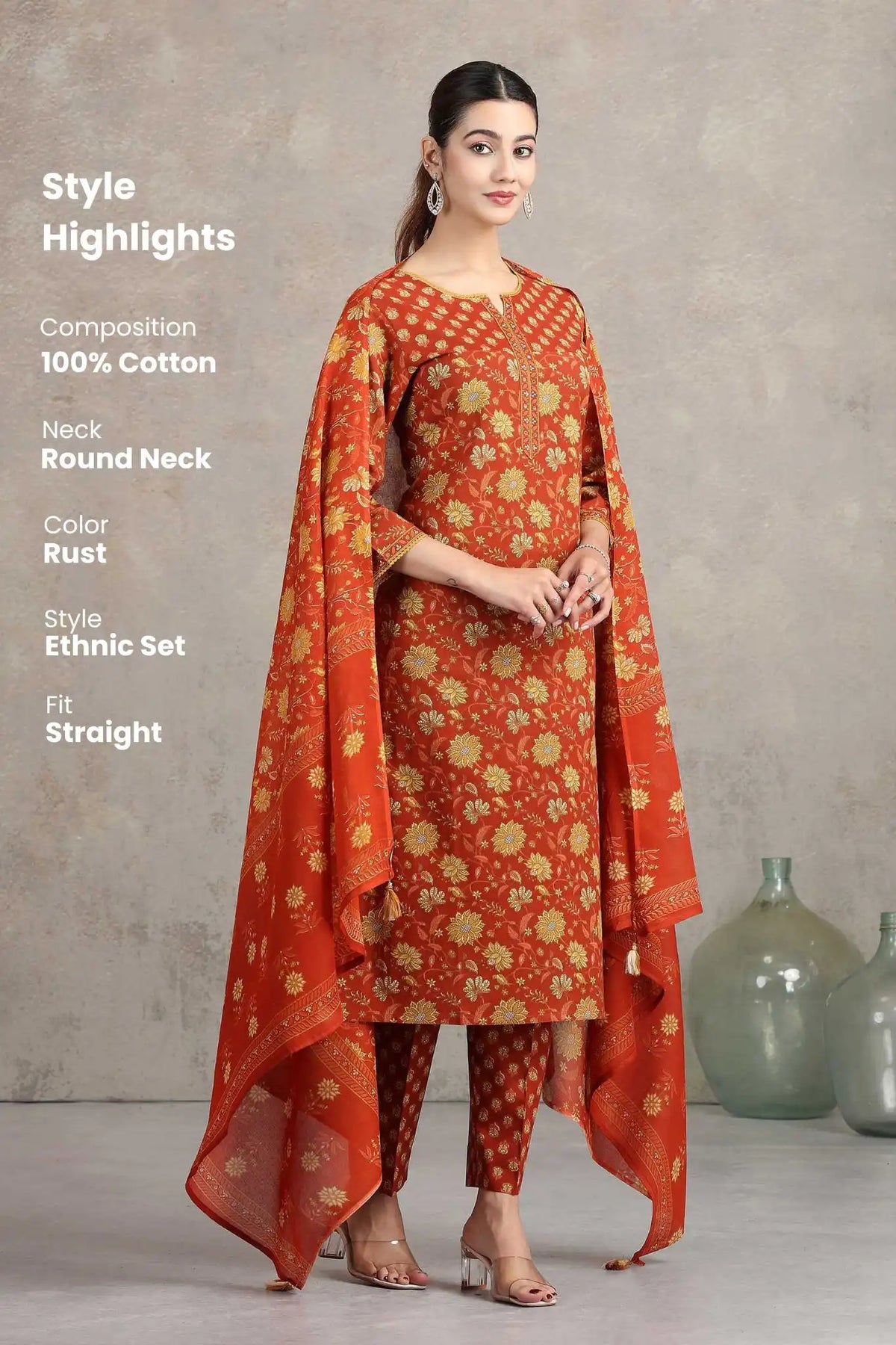 Rust Floral Printed Straight Ethnic Set