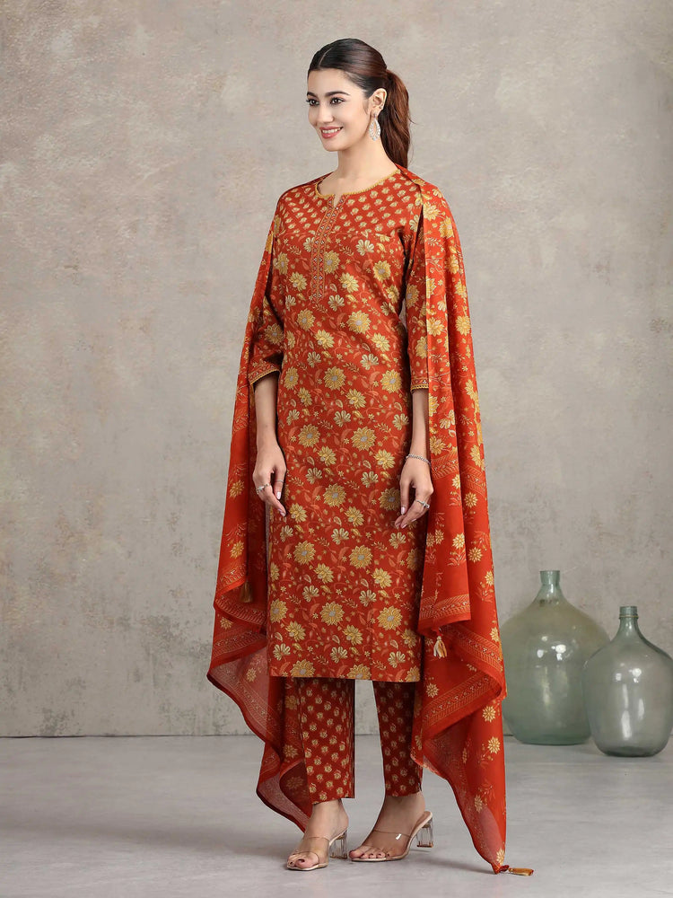 Rust Floral Printed Straight Ethnic Set