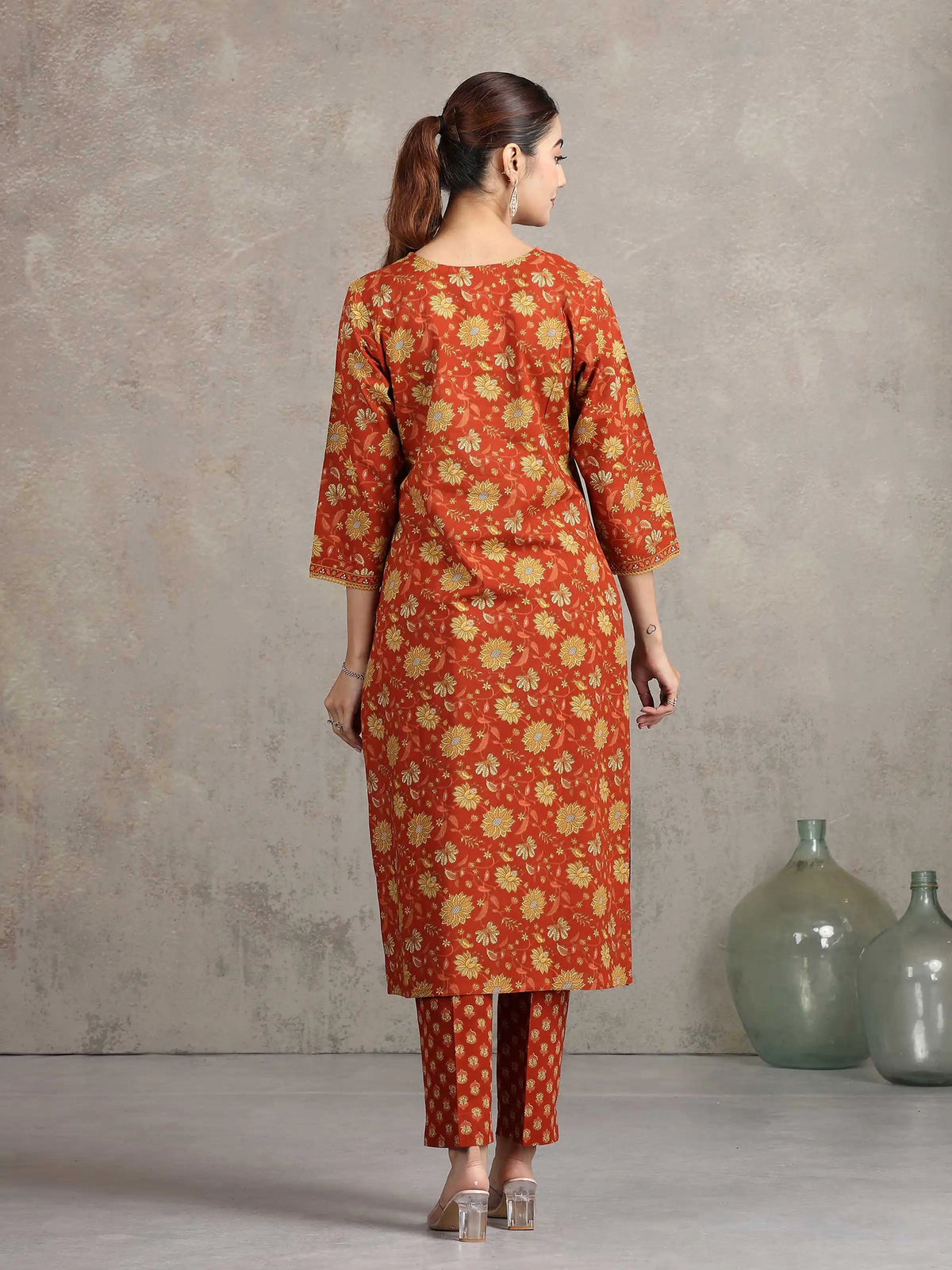 Rust Floral Printed Straight Ethnic Set