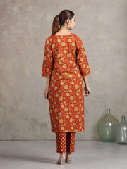 Rust Floral Printed Straight Ethnic Set