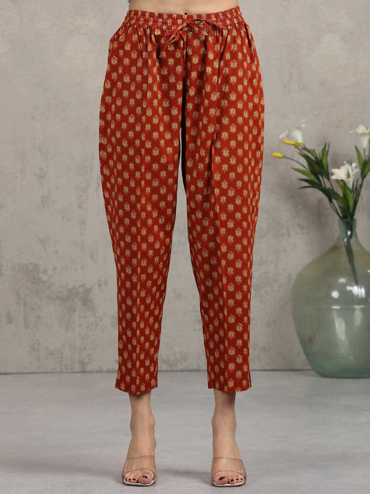 Rust Floral Printed Straight Ethnic Set