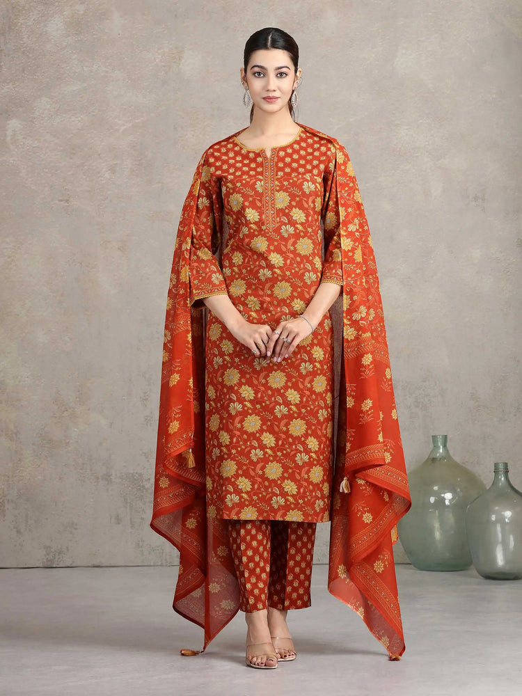 Rust Floral Printed Straight Ethnic Set