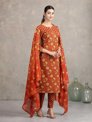 Rust Floral Printed Straight Ethnic Set