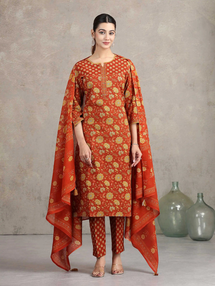 Rust Floral Printed Straight Ethnic Set