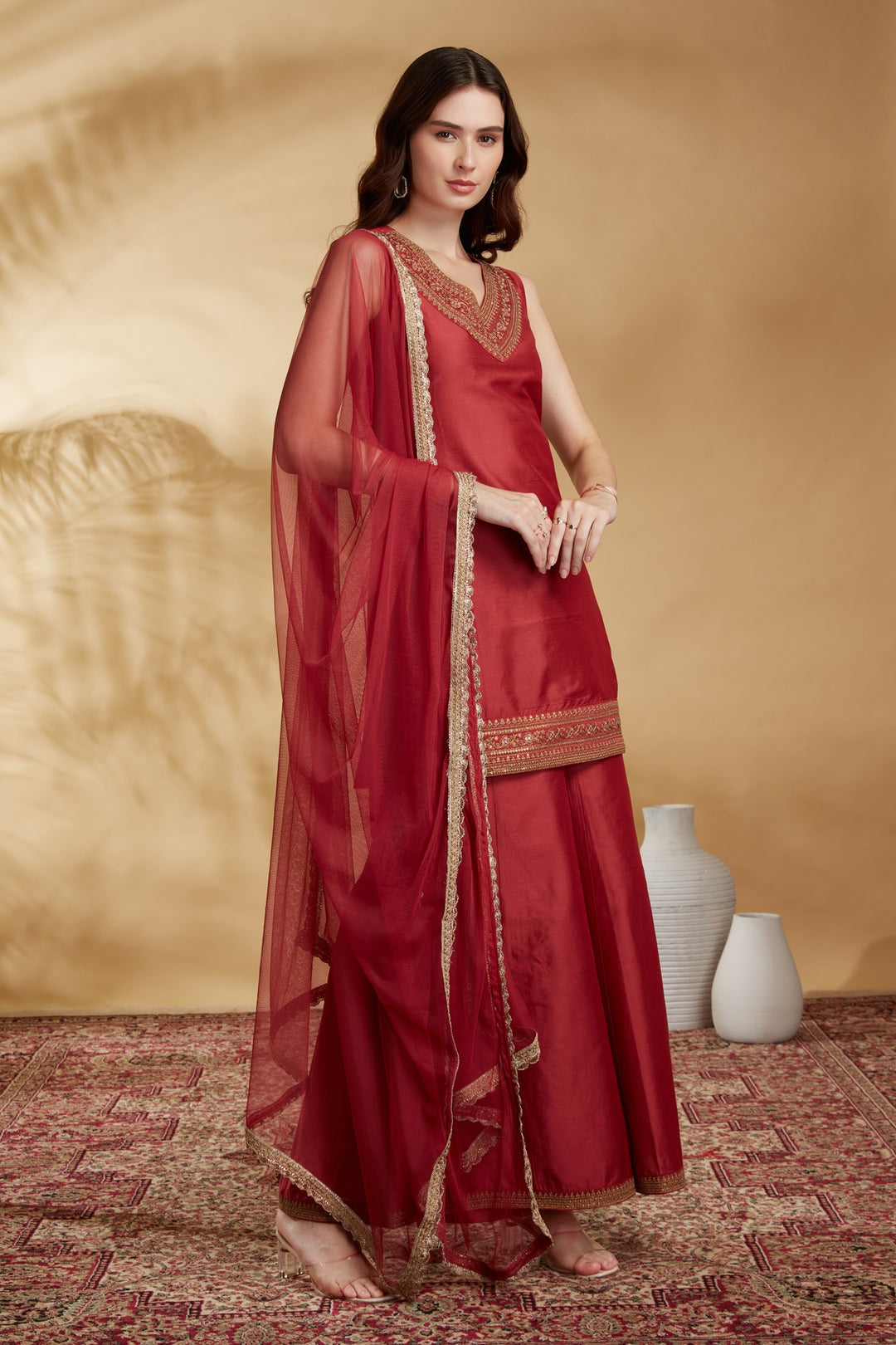 Rust PolySilk Embroidered Straight Kurta Palazzo and Dupatta Suit Set