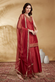 Rust PolySilk Embroidered Straight Kurta Palazzo and Dupatta Suit Set