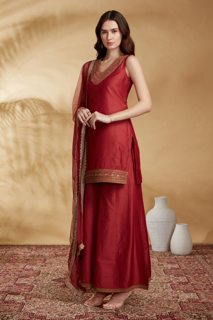 Rust PolySilk Embroidered Straight Kurta Palazzo and Dupatta Suit Set