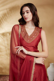 Rust PolySilk Embroidered Straight Kurta Palazzo and Dupatta Suit Set