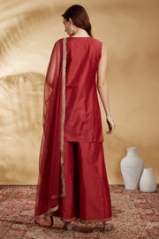 Rust PolySilk Embroidered Straight Kurta Palazzo and Dupatta Suit Set