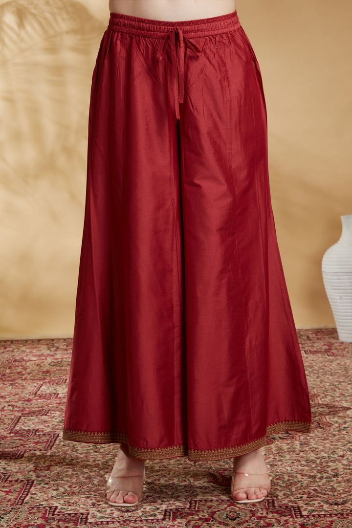 Rust PolySilk Embroidered Straight Kurta Palazzo and Dupatta Suit Set