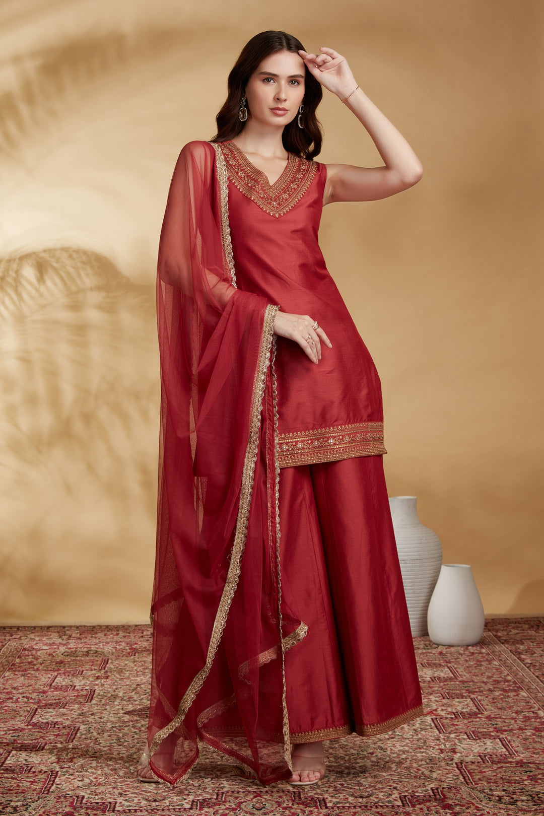 Rust PolySilk Embroidered Straight Kurta Palazzo and Dupatta Suit Set