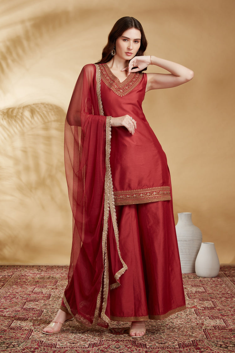 Rust PolySilk Embroidered Straight Kurta Palazzo and Dupatta Suit Set