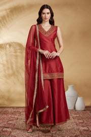 Rust PolySilk Embroidered Straight Kurta Palazzo and Dupatta Suit Set
