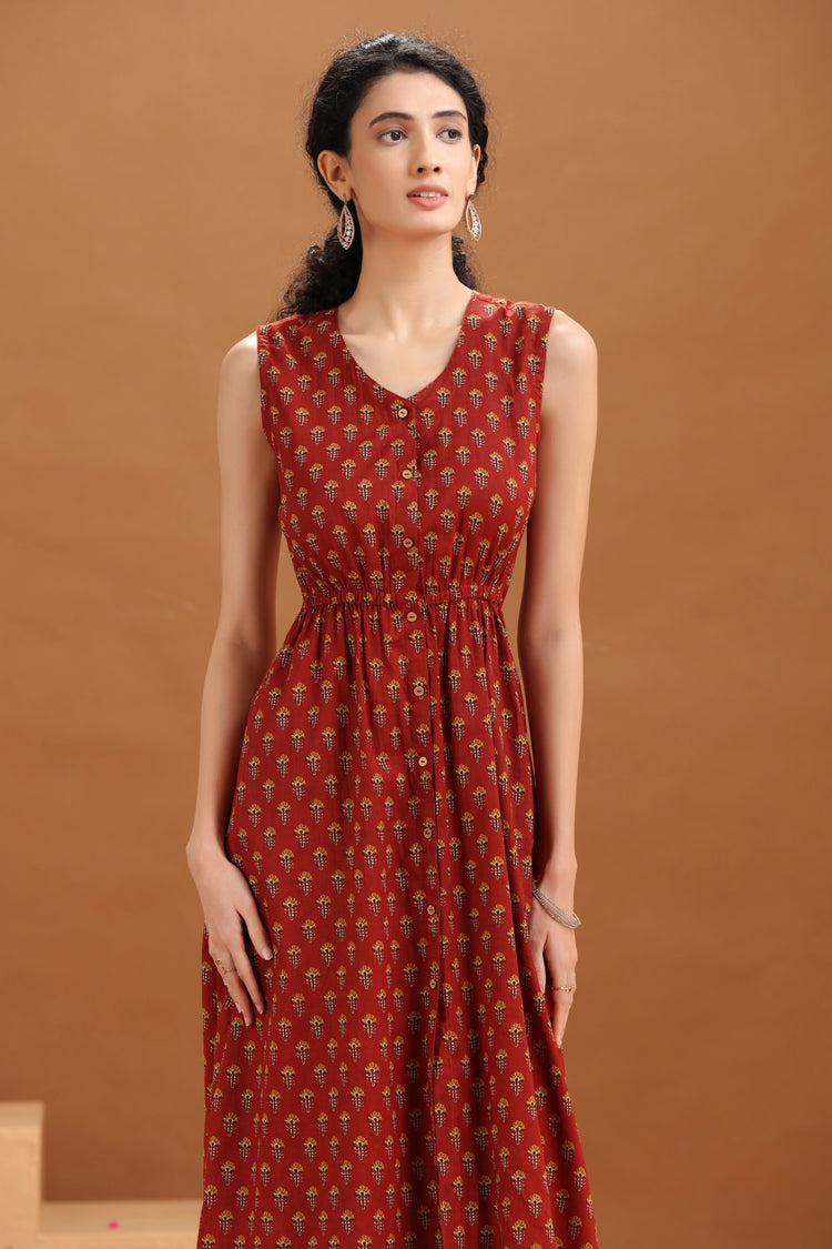 Rust Printed A Line Cotton Kurta