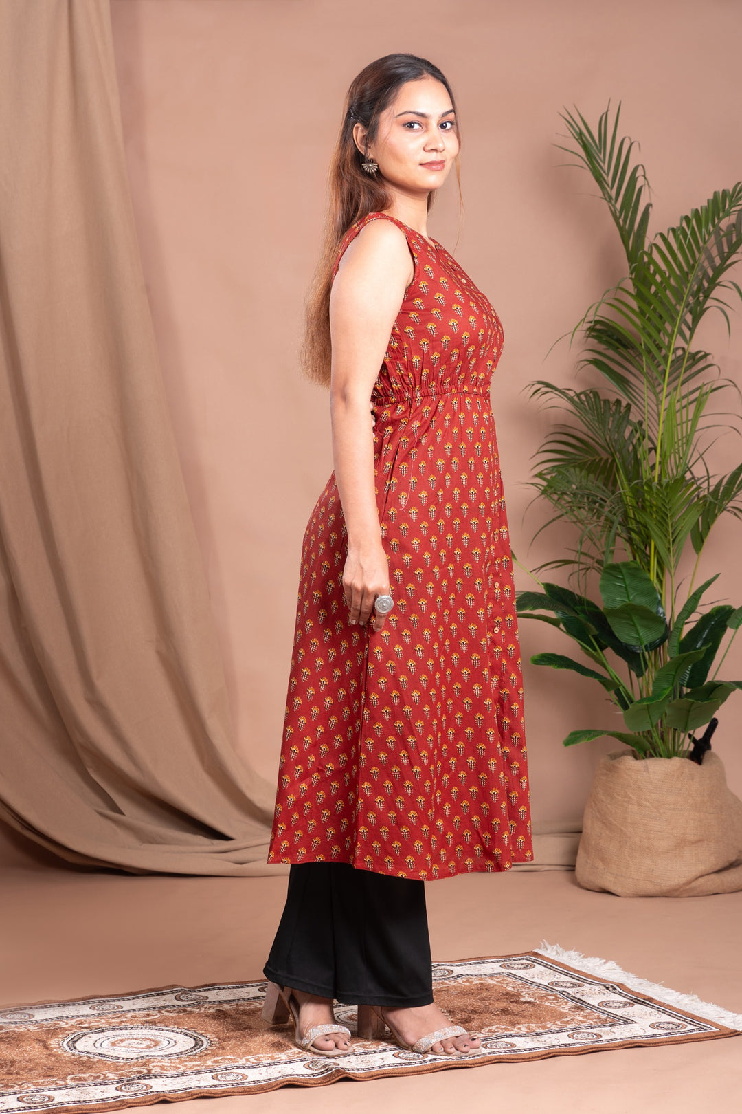 Rust Printed A Line Cotton Kurta