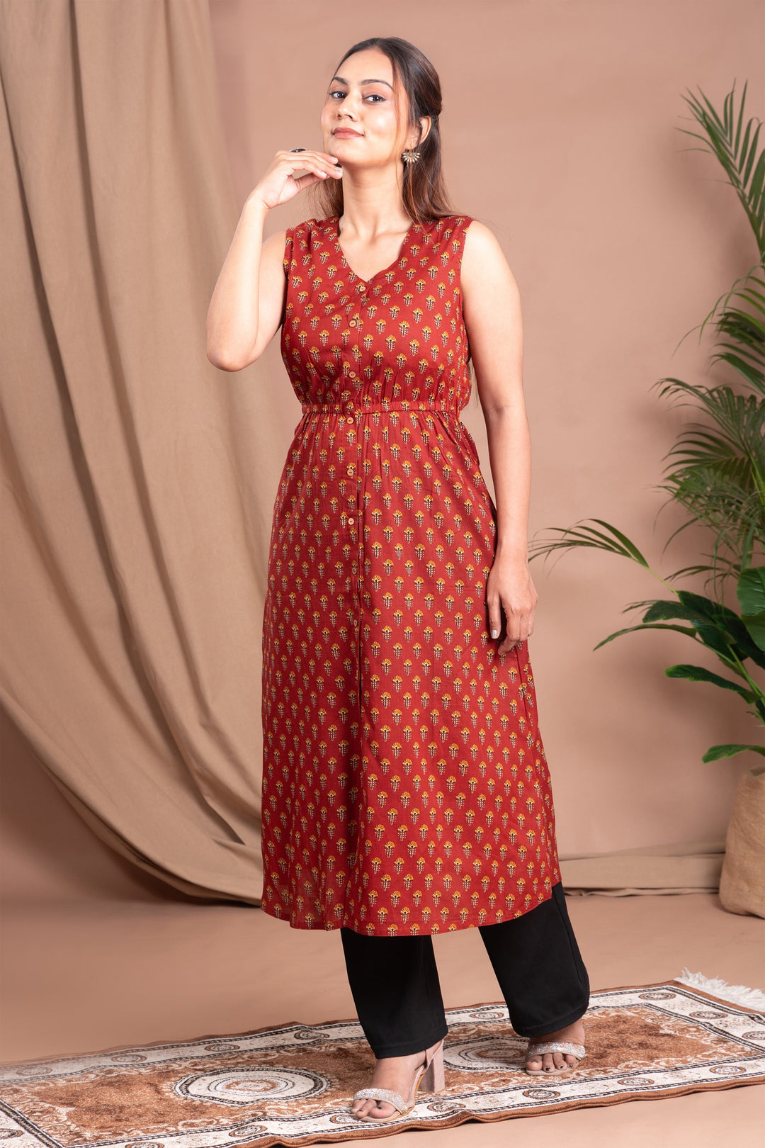 Rust Printed A Line Cotton Kurta