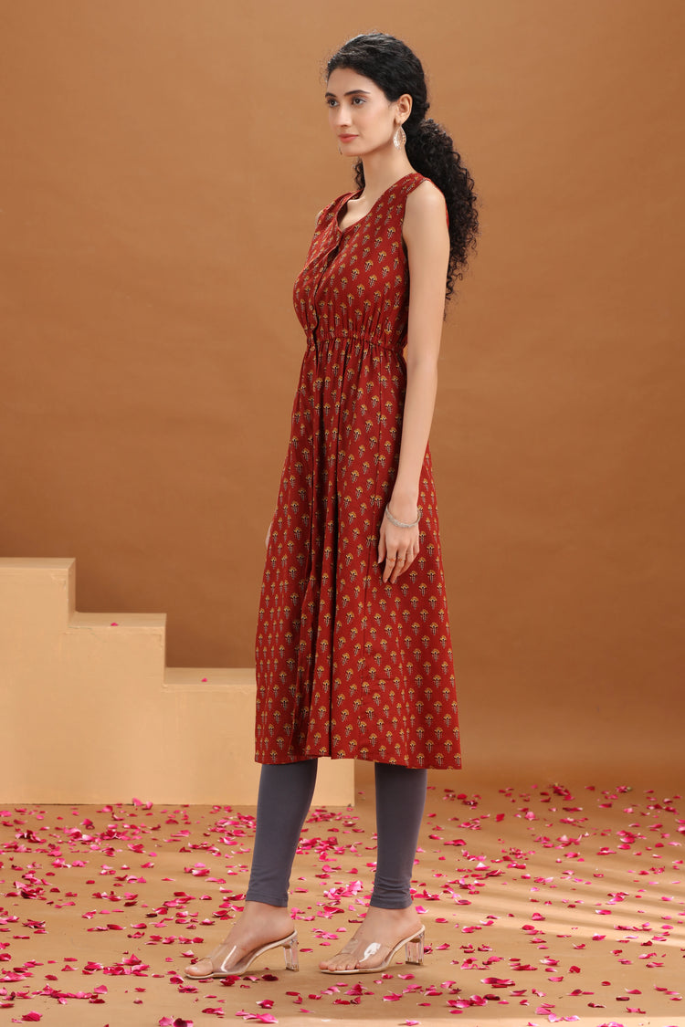 Rust Printed A Line Cotton Kurta