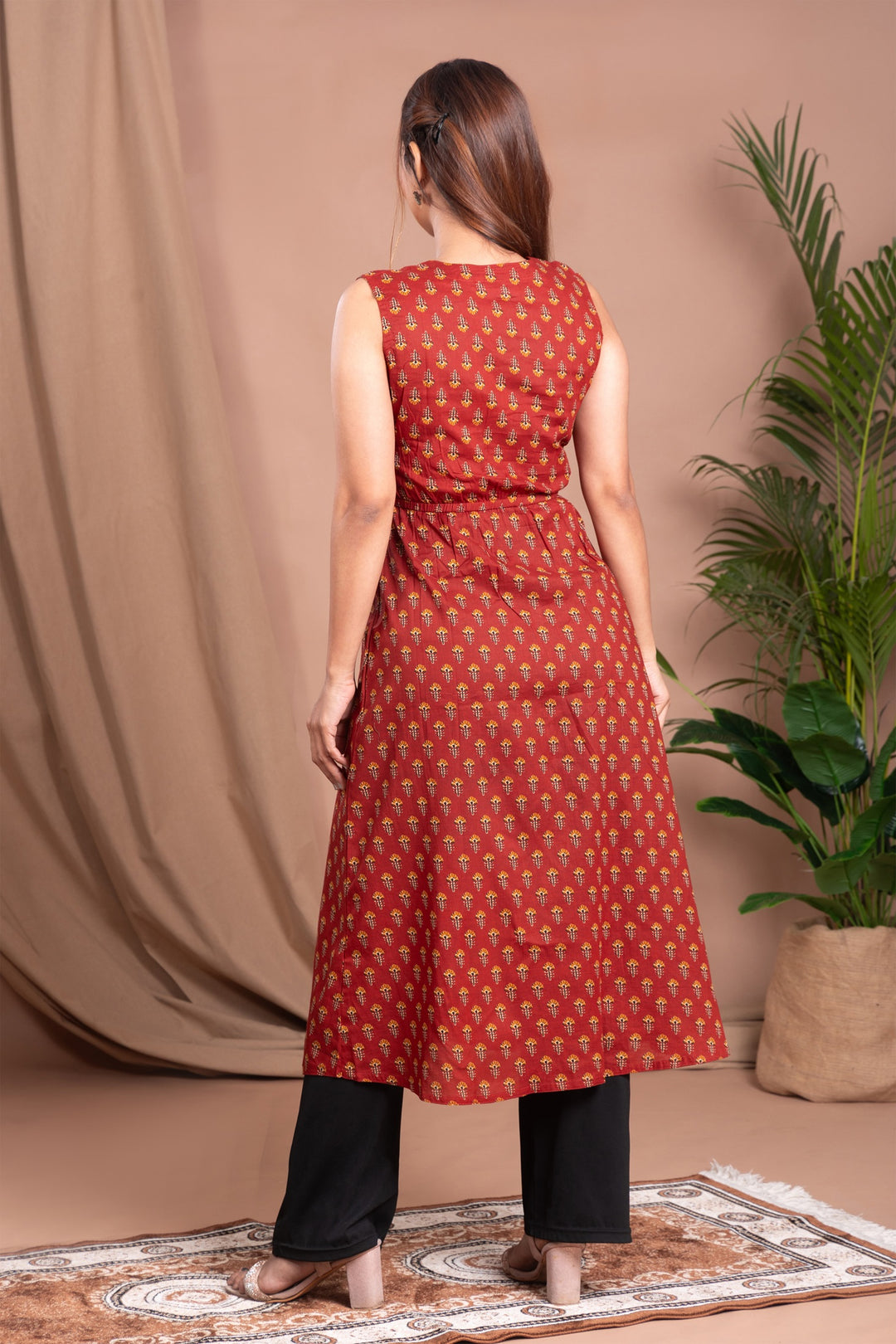 Rust Printed A Line Cotton Kurta