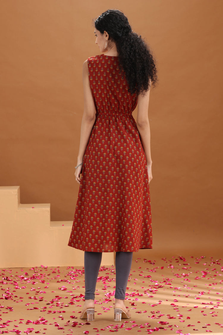 Rust Printed A Line Cotton Kurta