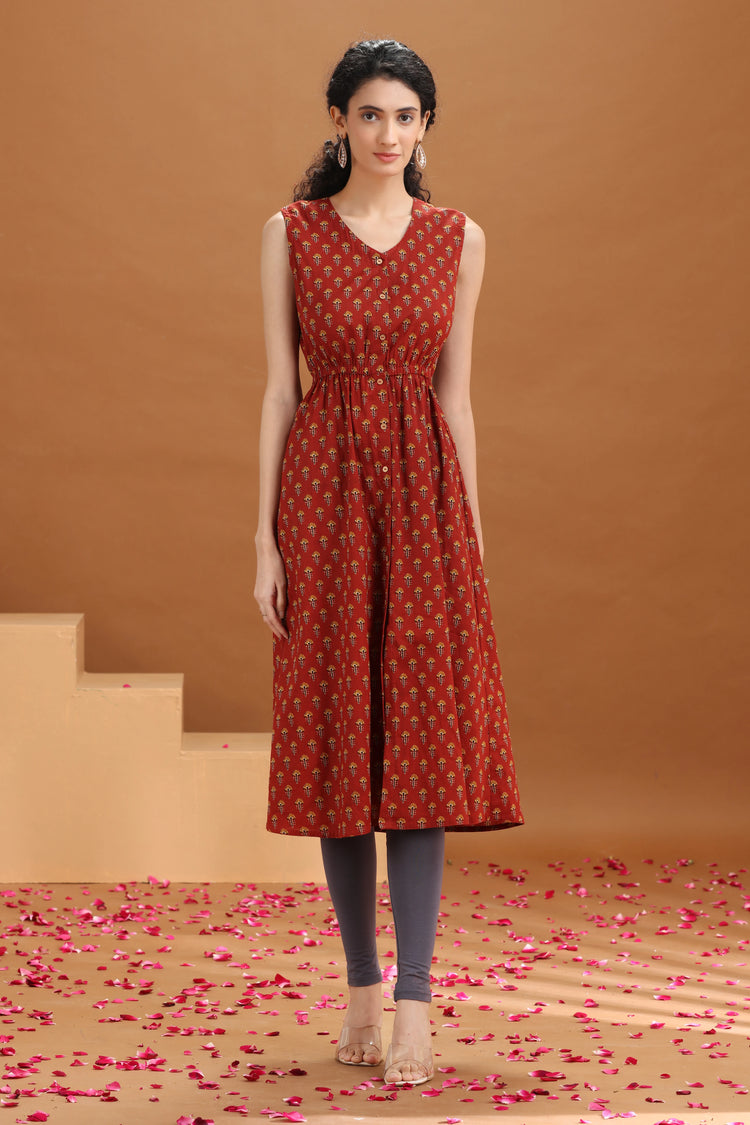Rust Printed A Line Cotton Kurta