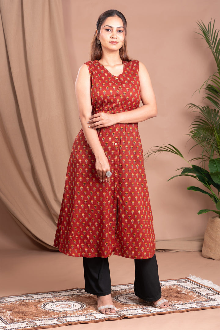 Rust Printed A Line Cotton Kurta