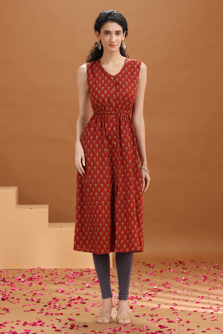 Rust Printed A Line Cotton Kurta