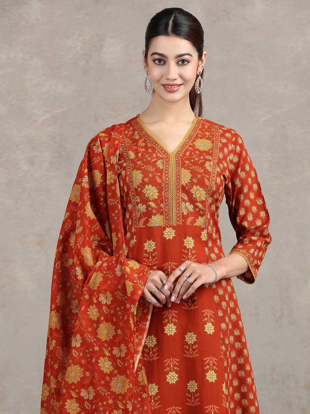 Rust Printed A-Line Ethnic Set
