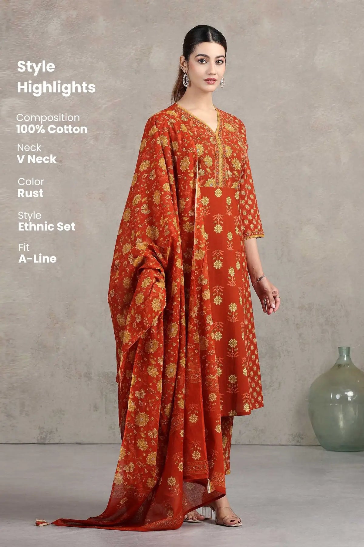 Rust Printed A-Line Ethnic Set