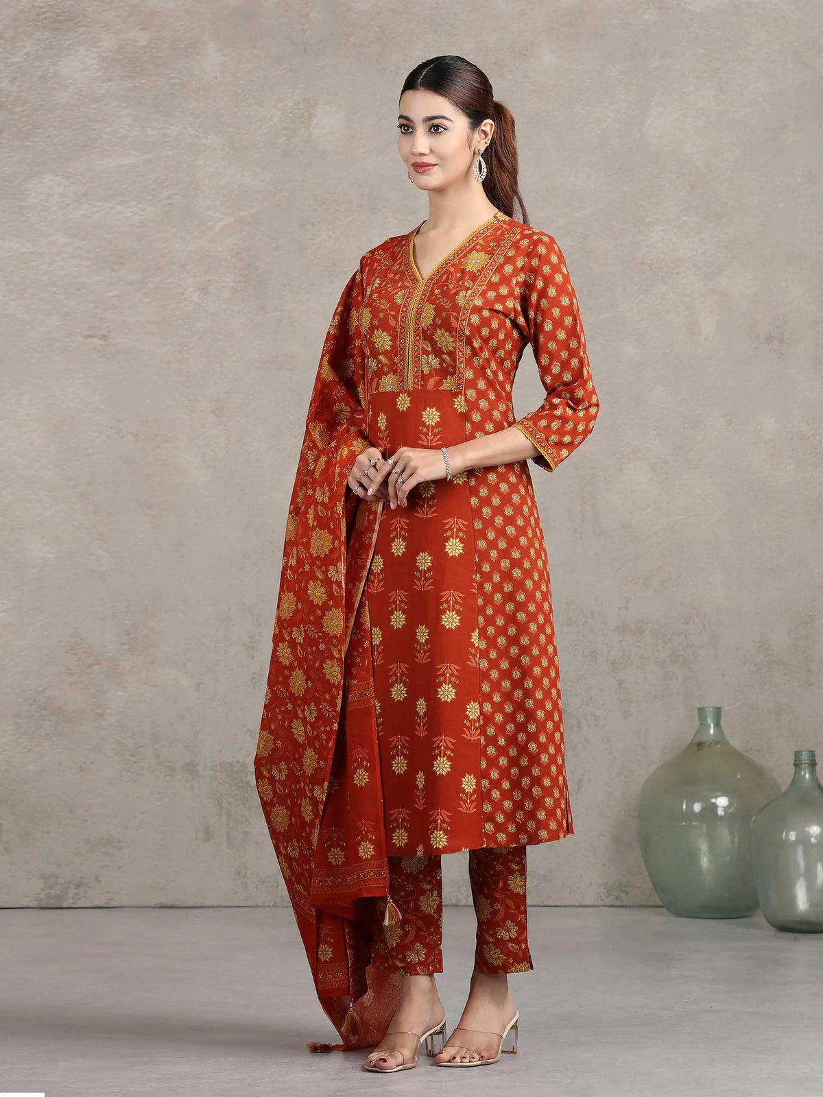 Rust Printed A-Line Ethnic Set